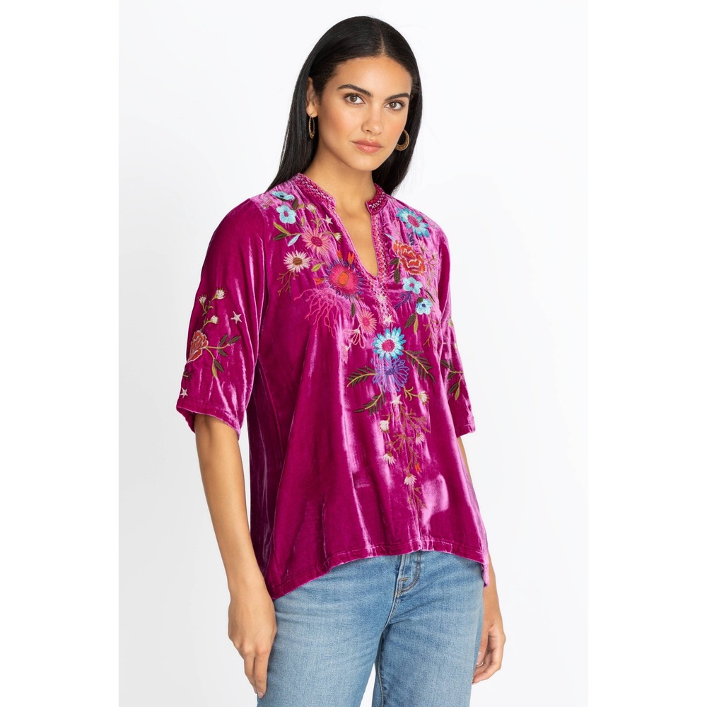 Johnny Was Ulla Velvet Easy V-Neck Blouse Fuchsia Pink Floral Embroidered Small